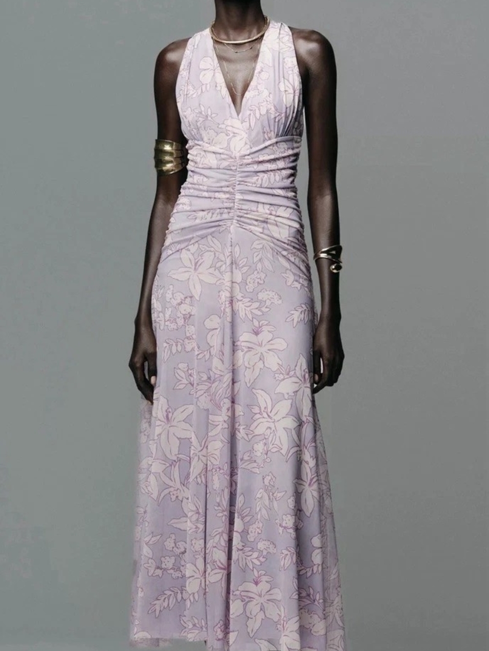 ZARA PRINTED TULLE LILAC HALTER NECK DRESS, NEW